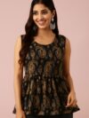 Black & Gold Sleeveless Printed Peplum Top