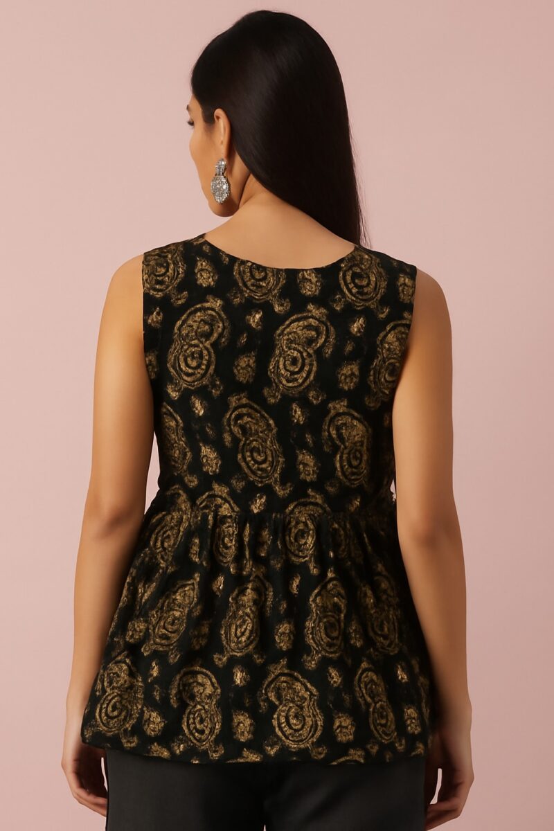Black & Gold Sleeveless Printed Peplum Top - Image 2